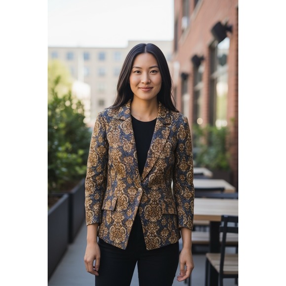 LOGO Lori Goldstein Large Blazer Damask Gold Blue Career Jacket - Picture 1 of 7